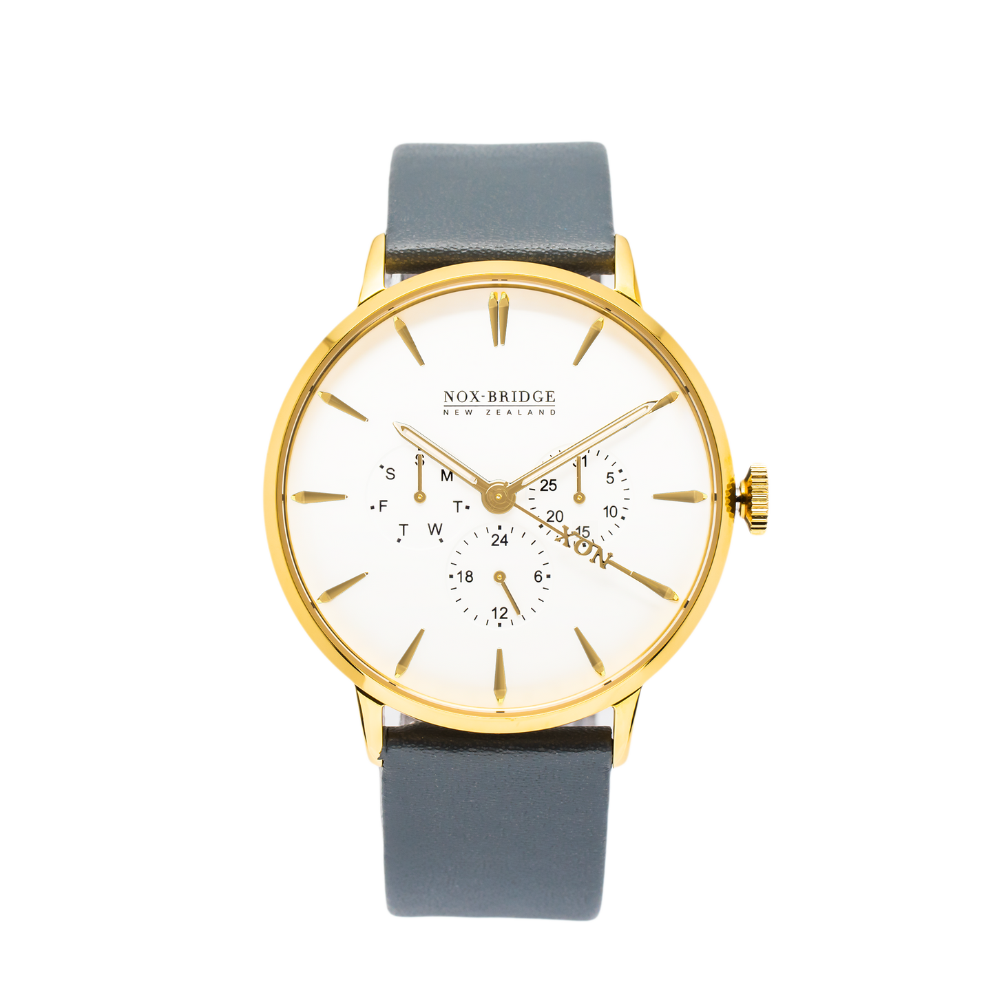 NOX-BRIDGE Classic Alcyone Vegan Grey Leather Strap White Dial 41MM Gold Watch