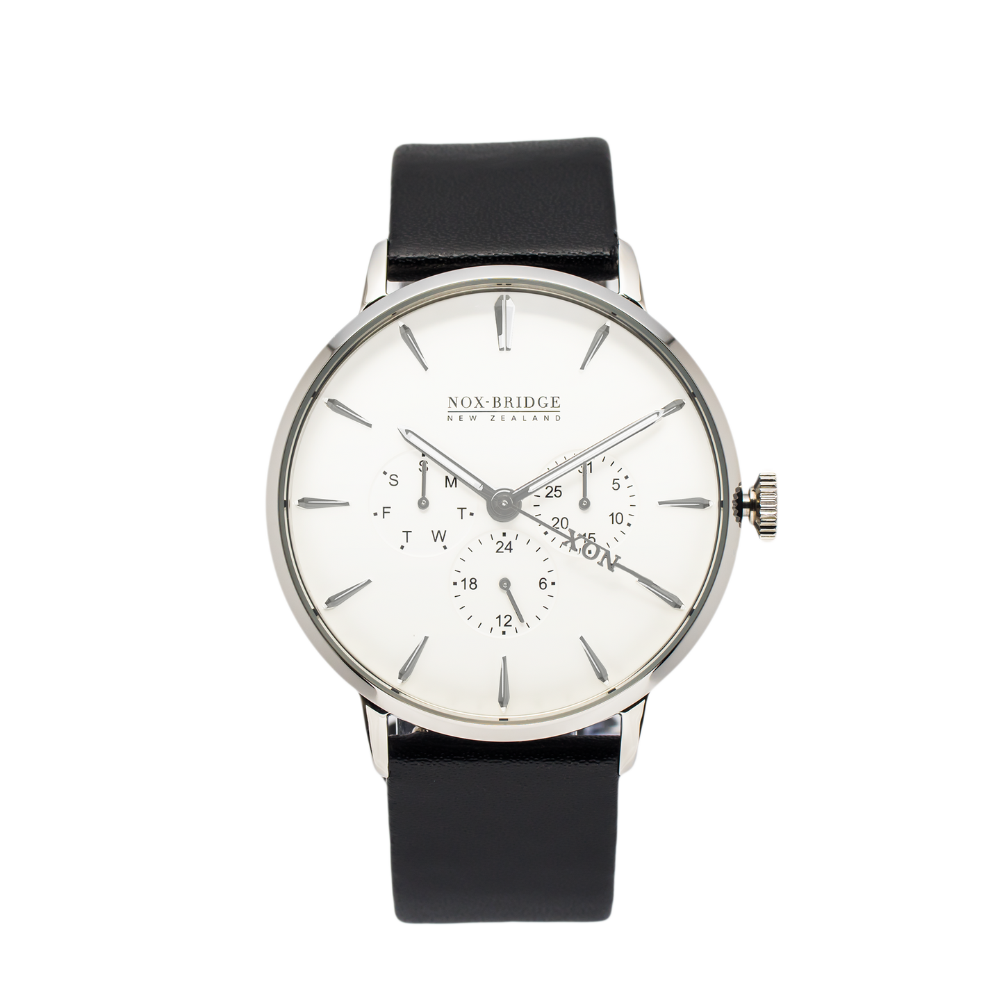 NOX-BRIDGE Classic Capella Vegan Black Leather Strap White Dial 41MM Silver Watch
