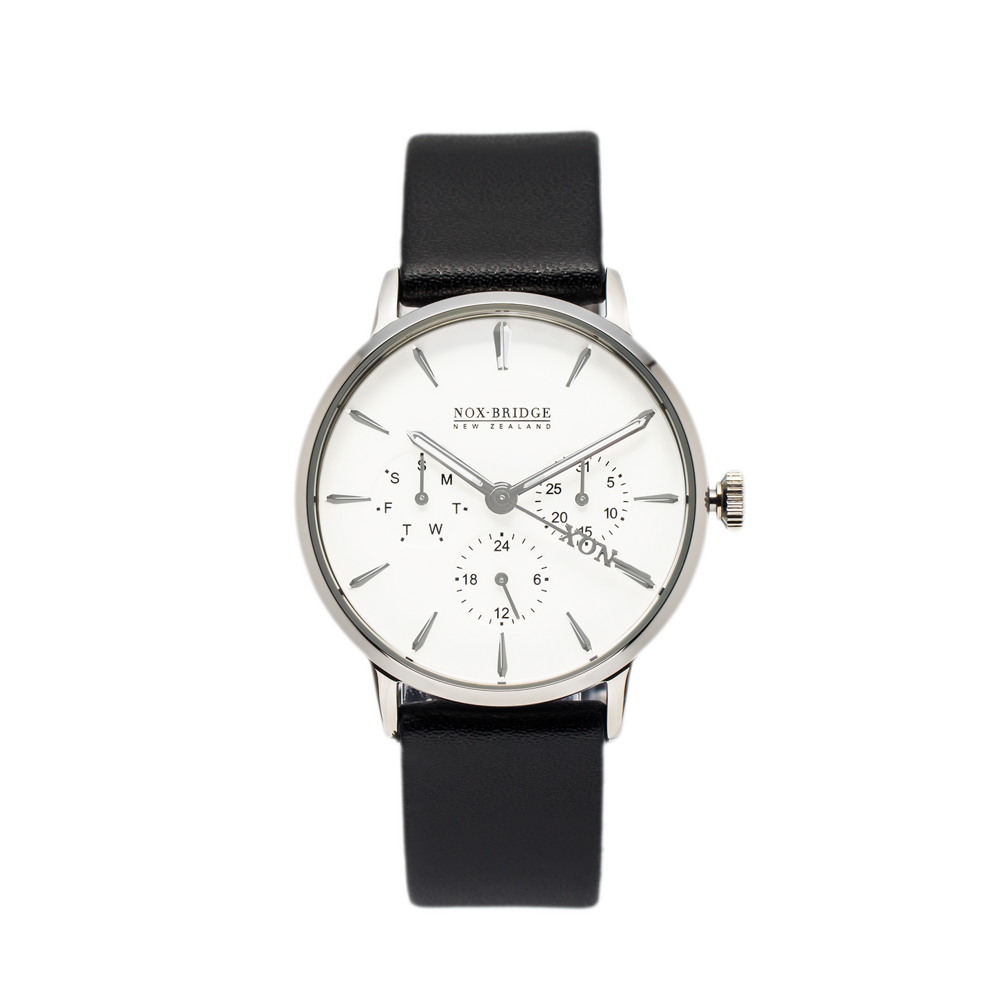 NOX-BRIDGE Classic Capella Vegan Black Leather Strap White Dial 36MM Silver Watch