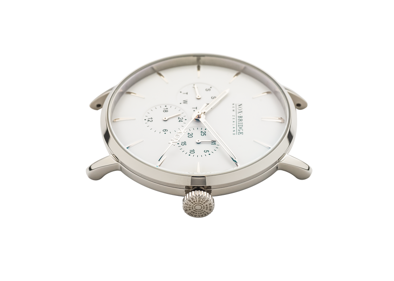 NOX-BRIDGE Classic Alcyone Vegan Grey Leather Strap White Dial 41MM Silver Watch