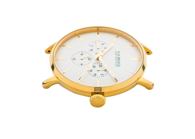 NOX-BRIDGE Classic Meissa Vegan White Leather Strap White Dial 41MM Gold Watch