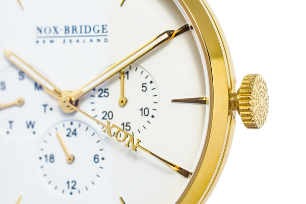 NOX-BRIDGE Classic Alcyone Vegan Grey Leather Strap White Dial 41MM Gold Watch