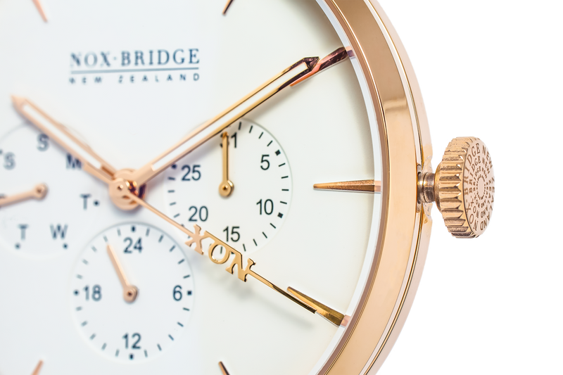 NOX-BRIDGE Classic Alcyone Vegan Grey Leather Strap White Dial 36MM Rose Gold Watch