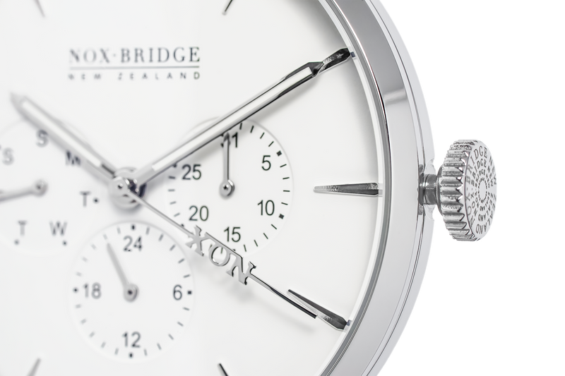 NOX-BRIDGE Classic Alcyone Vegan Grey Leather Strap White Dial 36MM Silver Watch