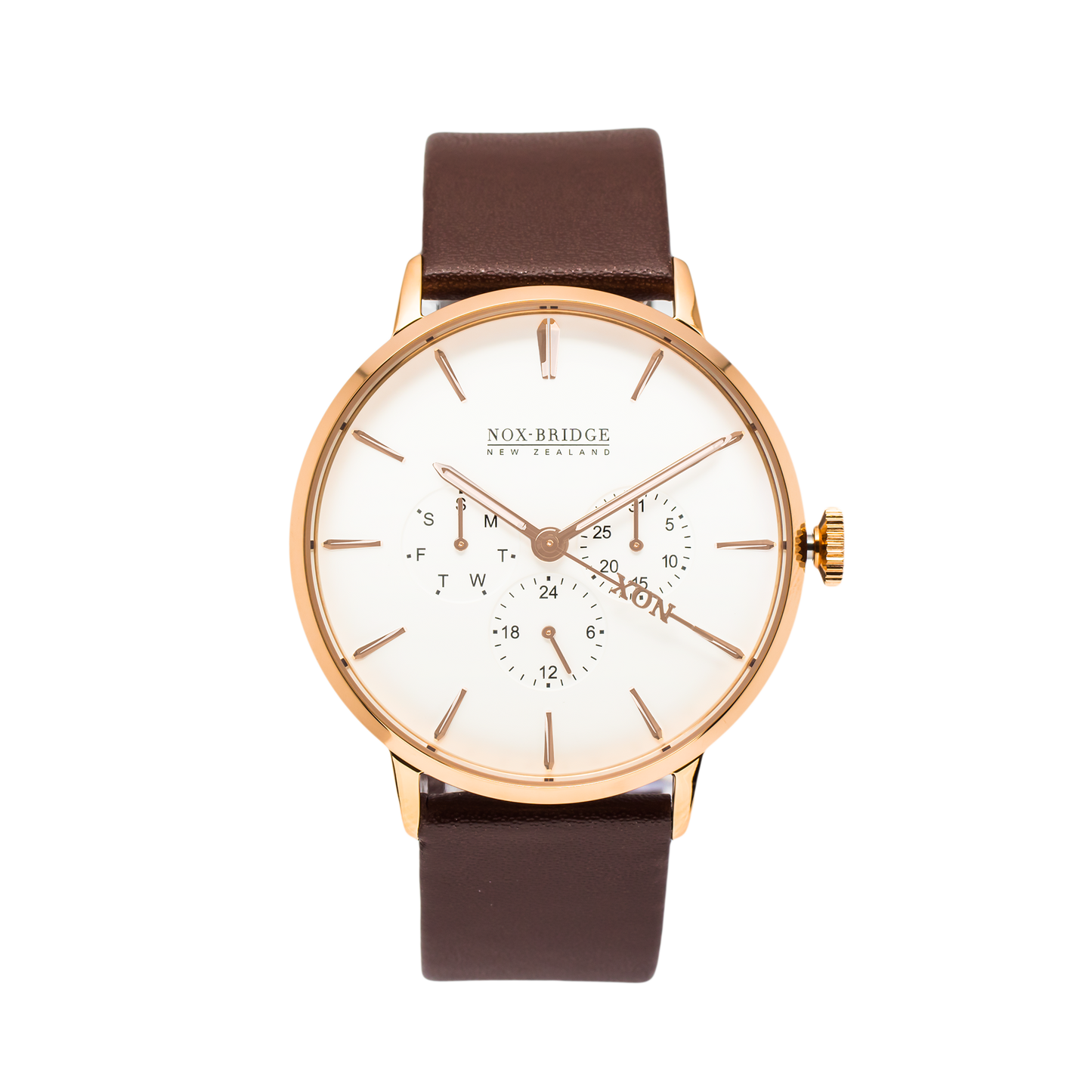 NOX-BRIDGE Classic Izar Vegan Brown Leather Strap White Dial 41MM Rose Gold Watch
