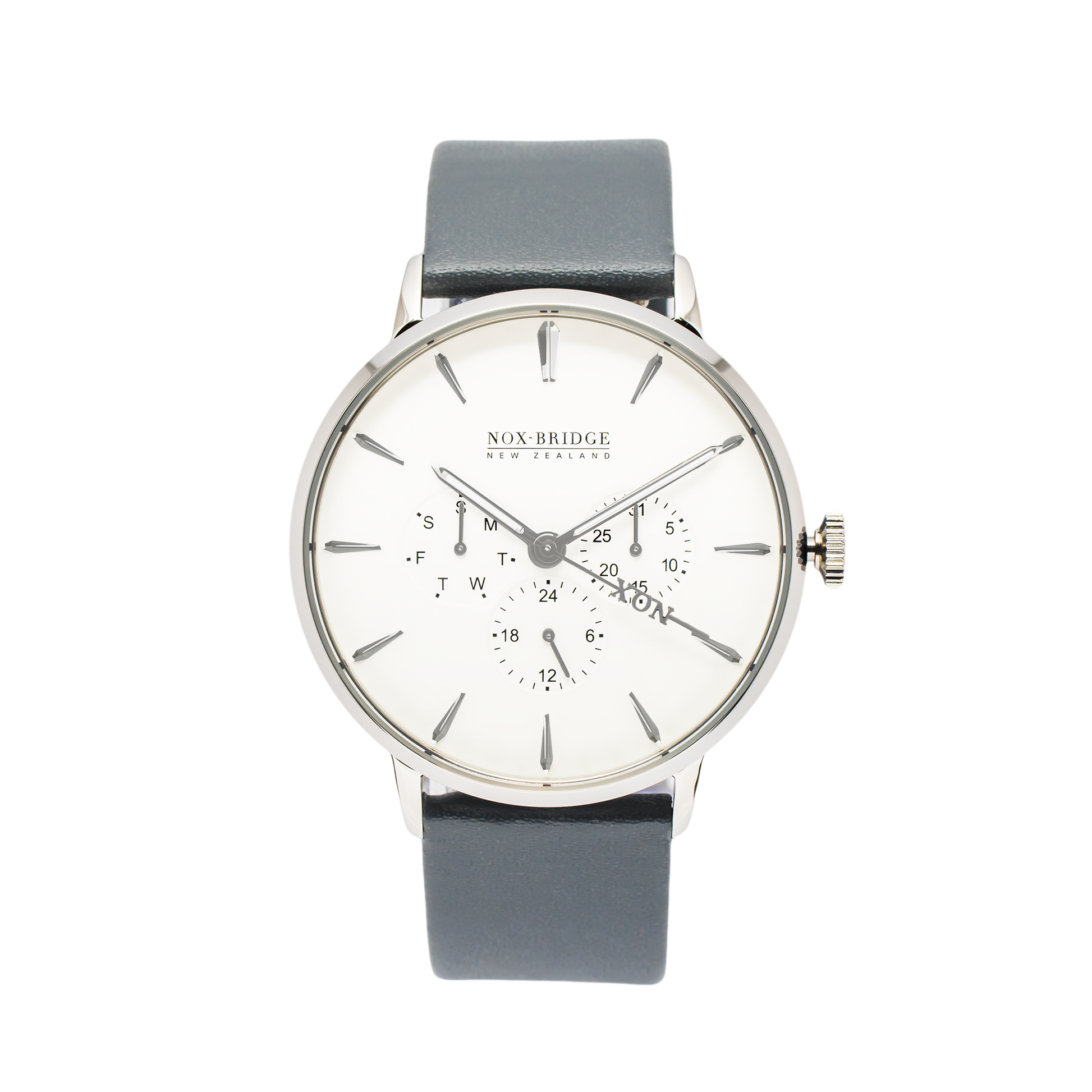 NOX-BRIDGE Classic Alcyone Vegan Grey Leather Strap White Dial 41MM Silver Watch