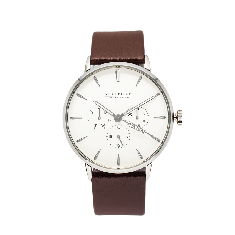 NOX-BRIDGE Classic Izar Vegan Brown Leather Strap White Dial 41MM Silver Watch
