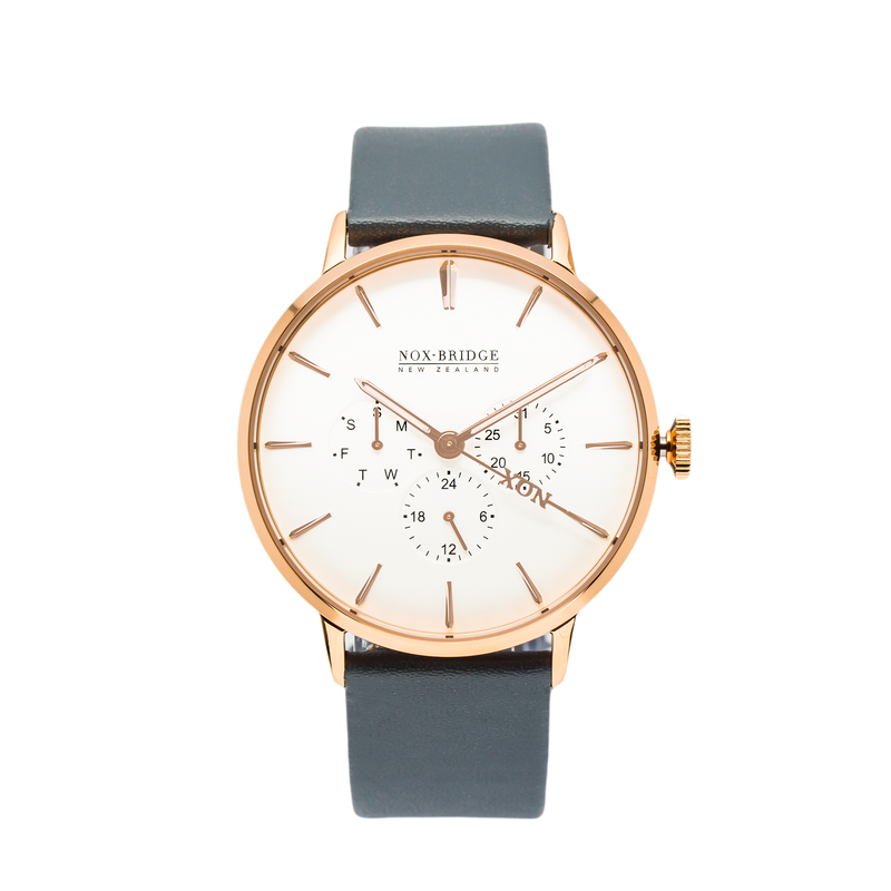 NOX-BRIDGE Classic Alcyone Vegan Grey Leather Strap White Dial 41MM Rose Gold Watch