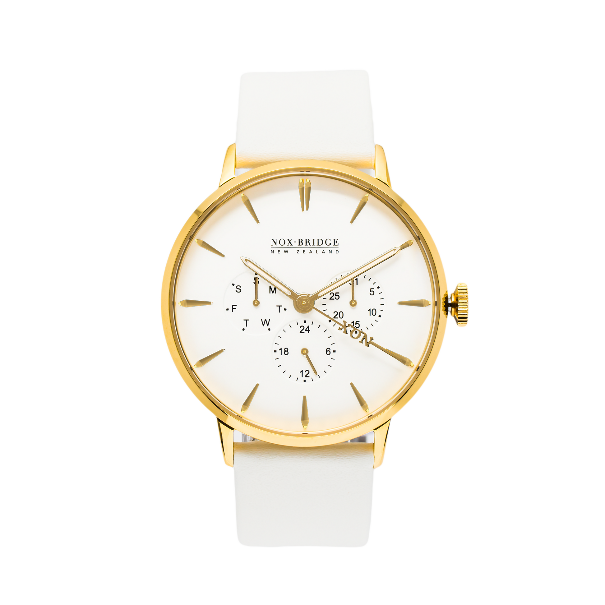 NOX-BRIDGE Classic Meissa Vegan White Leather Strap White Dial 41MM Gold Watch