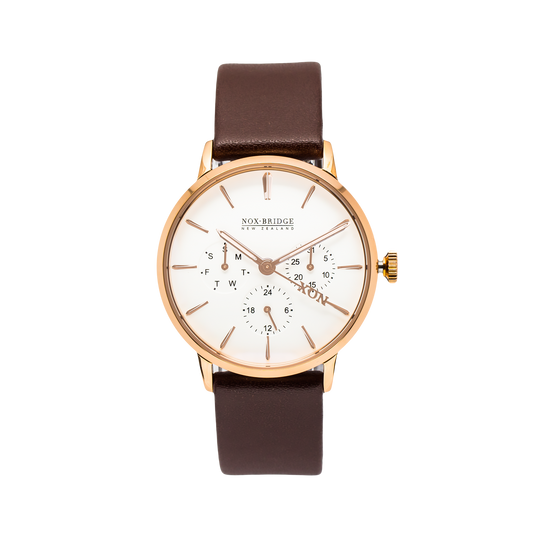 NOX-BRIDGE Classic Izar Vegan Brown Leather Strap White Dial 36MM Rose Gold Watch