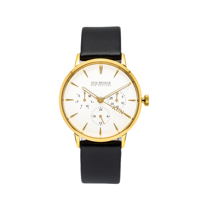 NOX-BRIDGE Classic Capella Vegan Black Leather Strap White Dial 36MM Gold Watch