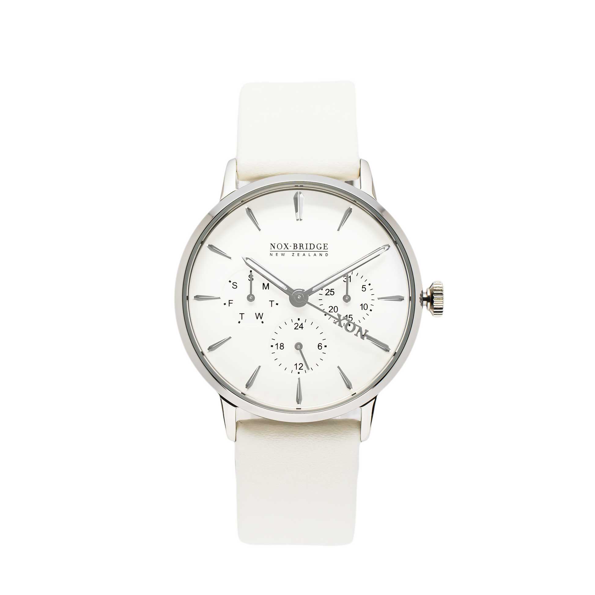 NOX-BRIDGE Classic Meissa Vegan White Leather Strap White Dial 36MM Silver Watch