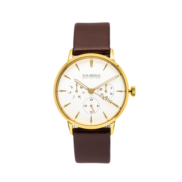 NOX-BRIDGE Classic Izar Vegan Brown Leather Strap White Dial 36MM Gold Watch
