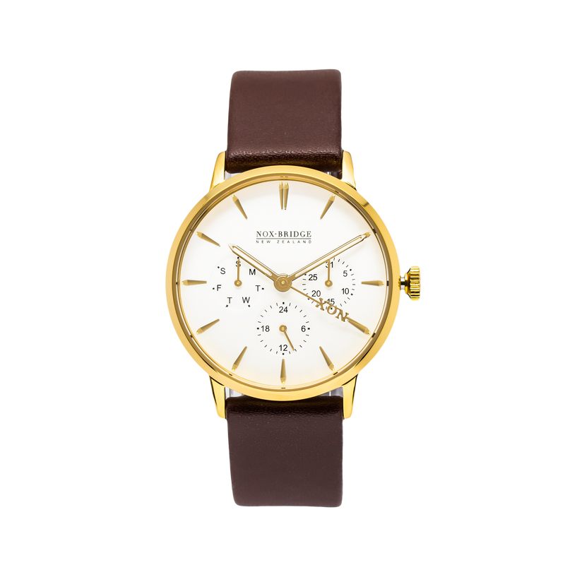 NOX-BRIDGE Classic Izar Vegan Brown Leather Strap White Dial 36MM Gold Watch