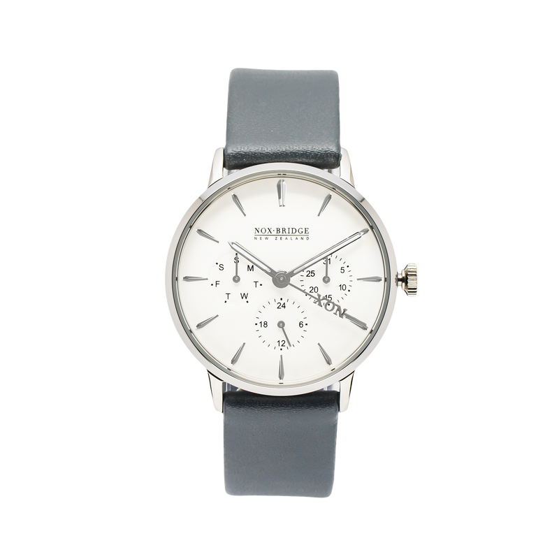 NOX-BRIDGE Classic Alcyone Vegan Grey Leather Strap White Dial 36MM Silver Watch