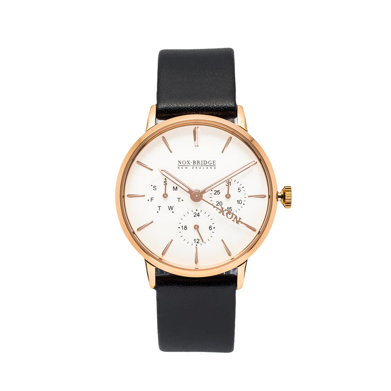 NOX-BRIDGE Classic Capella Vegan Black Leather Strap White Dial 36MM Rose Gold Watch