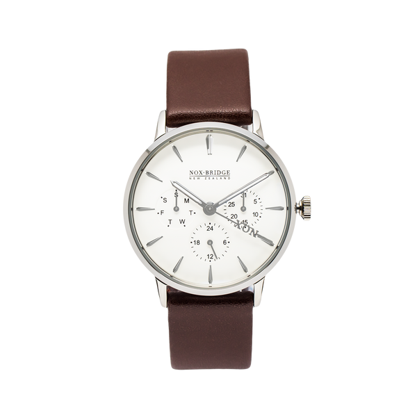 NOX-BRIDGE Classic Izar Vegan Brown Leather Strap White Dial 36MM Silver Watch