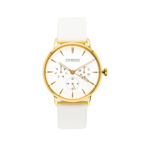 NOX-BRIDGE Classic Meissa Vegan White Leather Strap White Dial 36MM Gold Watch