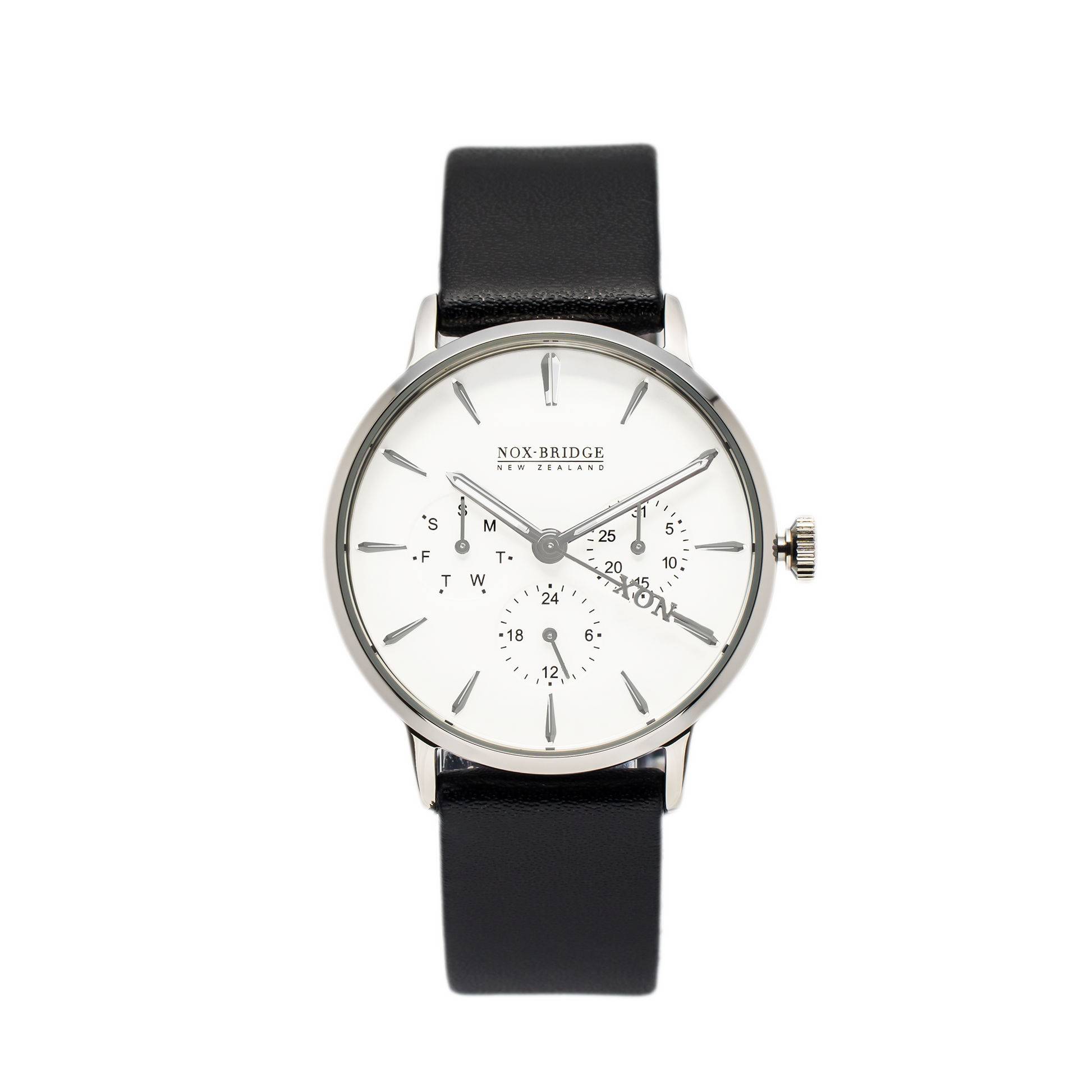 NOX-BRIDGE Classic Capella Vegan Black Leather Strap White Dial 36MM Silver Watch