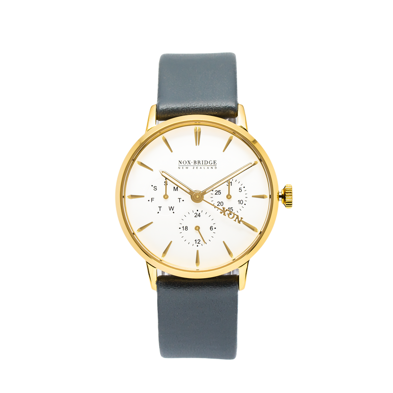 NOX-BRIDGE Classic Alcyone Vegan Grey Leather Strap White Dial 36MM Gold Watch